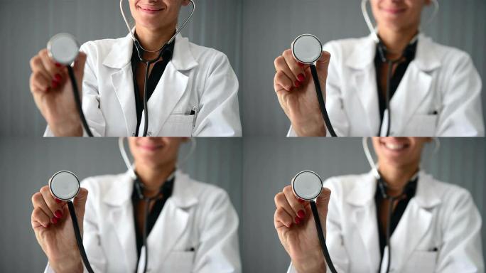 一位女医生手持听诊器的特写镜头