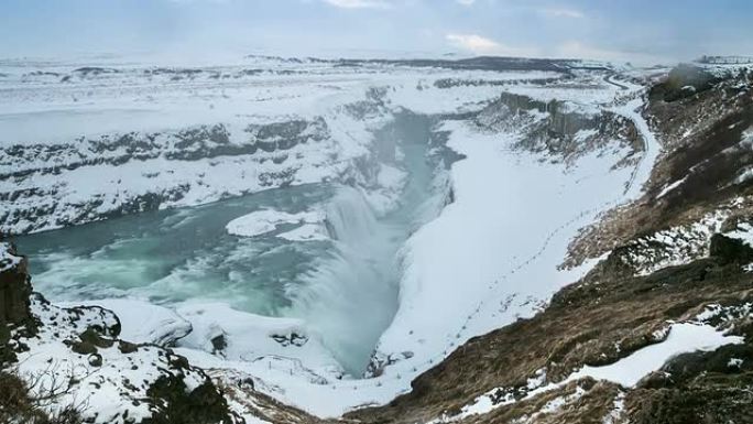 高清延时: 冬季冰岛古尔福斯黄金瀑布