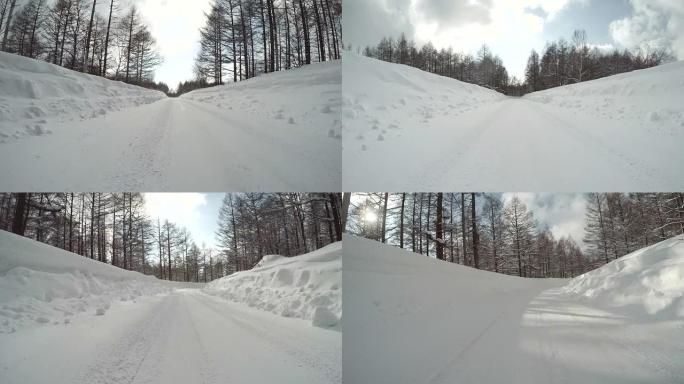 雪地冬季公路行驶冬季大雪冰封道路东北冬天