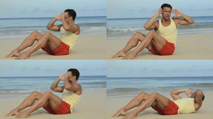 锻炼腹部肌肉海滩健身仰卧起坐肌肉男