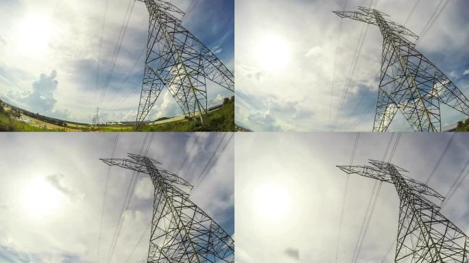蓝天多云的高压塔特高压电线塔电力电网输电
