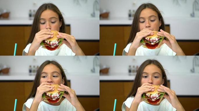 吃芝士汉堡的少女视频素材吃货国外外国人老