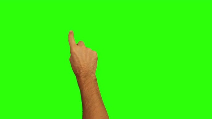 雄性手。药片触摸屏手势。绿色屏幕。