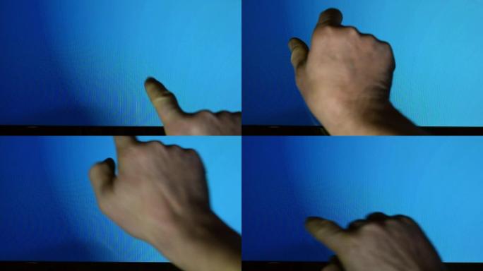 男性手。触摸屏手势。蓝屏。技术。高加索年轻人