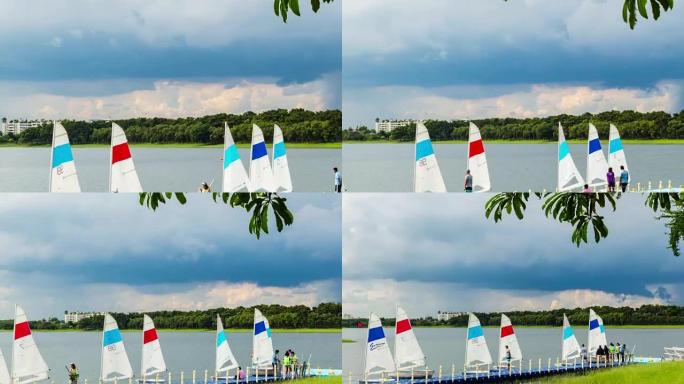 使用缩小技术在湖中航行的时间流逝