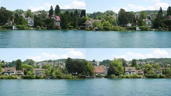 瑞士苏黎世湖上的房屋视图，跟踪拍摄