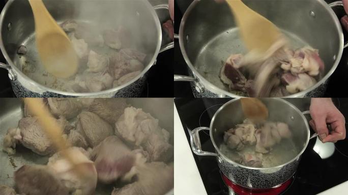 煎锅上的肉快速搅动锅底烧干扒底家庭生活