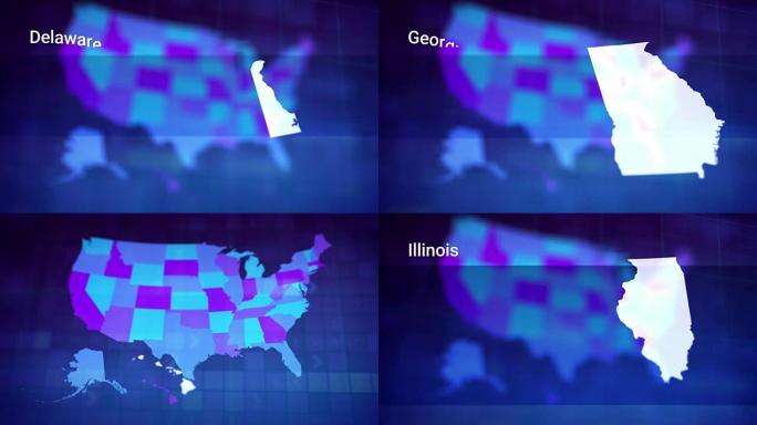 美国地图 (8个中的2个) DE，FL，GA，HI，ID，IL，IN。可循环。