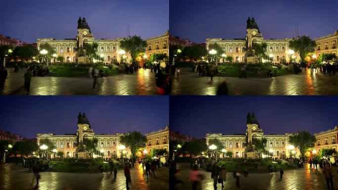 玻利维亚拉巴斯夜间城镇广场