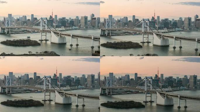 高清延时：黄昏时分的空中东京彩虹桥