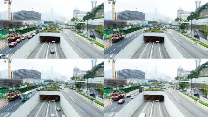白天，现代香港城市隧道交通繁忙，时间流逝。