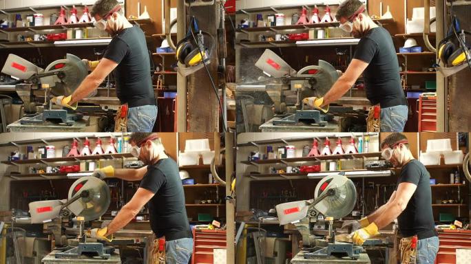 木匠在车间使用电锯