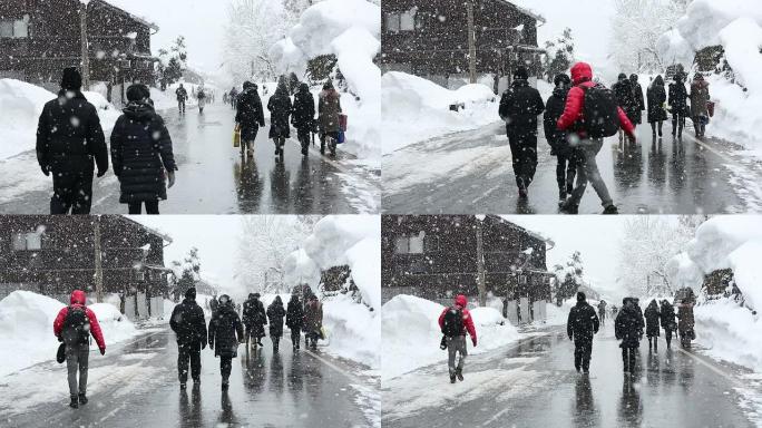 高清：雪中的白川河世界遗产日本游客蜂拥而至