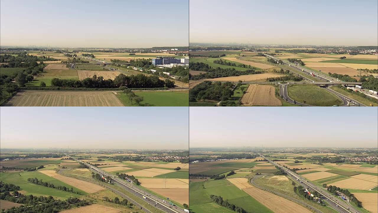 沿着A5高速公路远眺法兰克福-鸟瞰图-黑森州，Regierungsbezirk达姆施塔特，直升机拍摄
