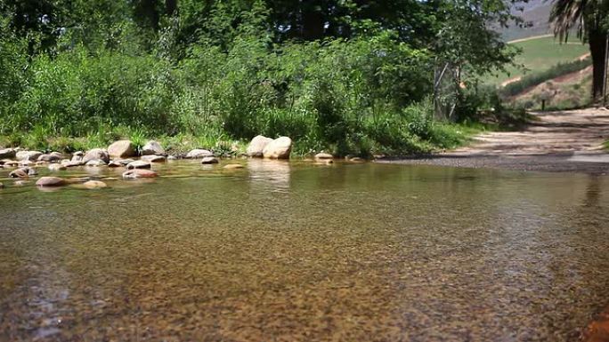 美丽的女跑步者穿过河流