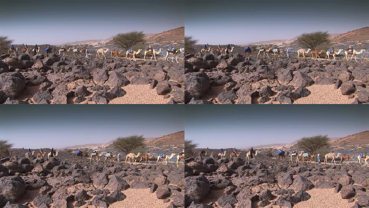 沙漠中的骆驼商队山脉风景队伍