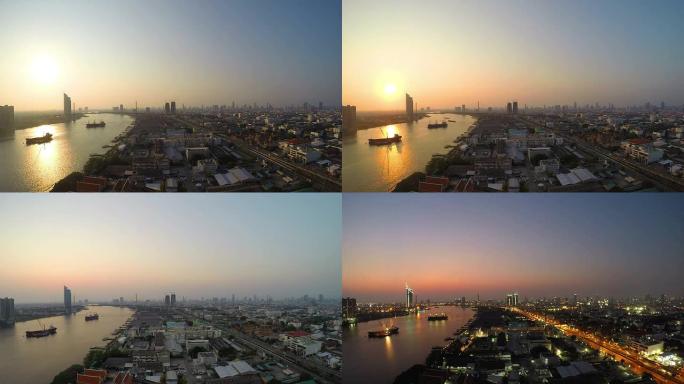 曼谷天际线和Chaophraya河与天际线黄昏时分的延时
