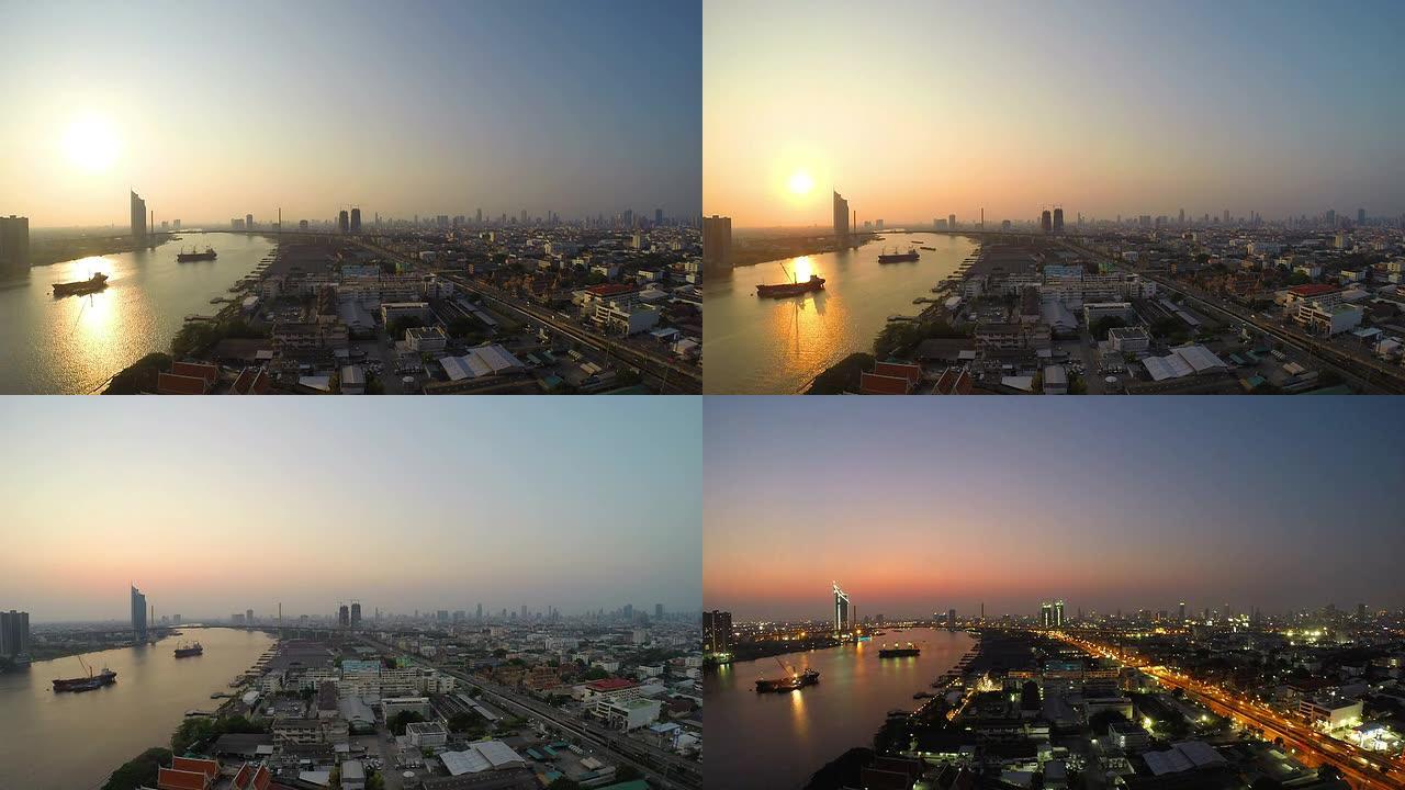 曼谷天际线和Chaophraya河与天际线黄昏时分的延时