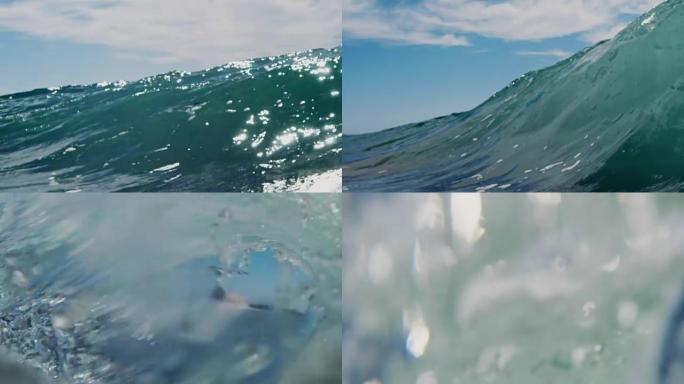 背光美丽的波浪视点，因为波浪在加州夏日的阳光下在浅沙滩上冲破相机。在红龙上以300FPS的速度拍摄。