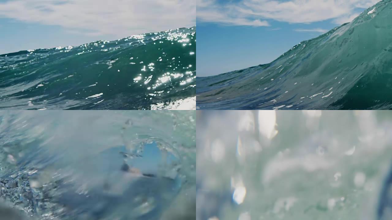 背光美丽的波浪视点，因为波浪在加州夏日的阳光下在浅沙滩上冲破相机。在红龙上以300FPS的速度拍摄。