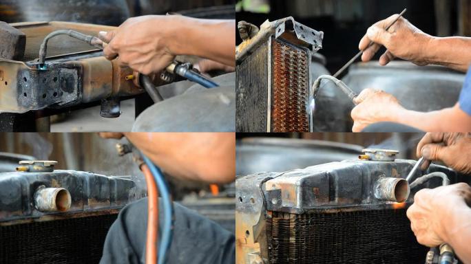 修理推土机带引线的散热器。