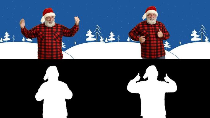 成人高级胡须男子跳舞，展示复制空间，并在卡通背景上展示帽子中的拇指圣诞老人冬季主题