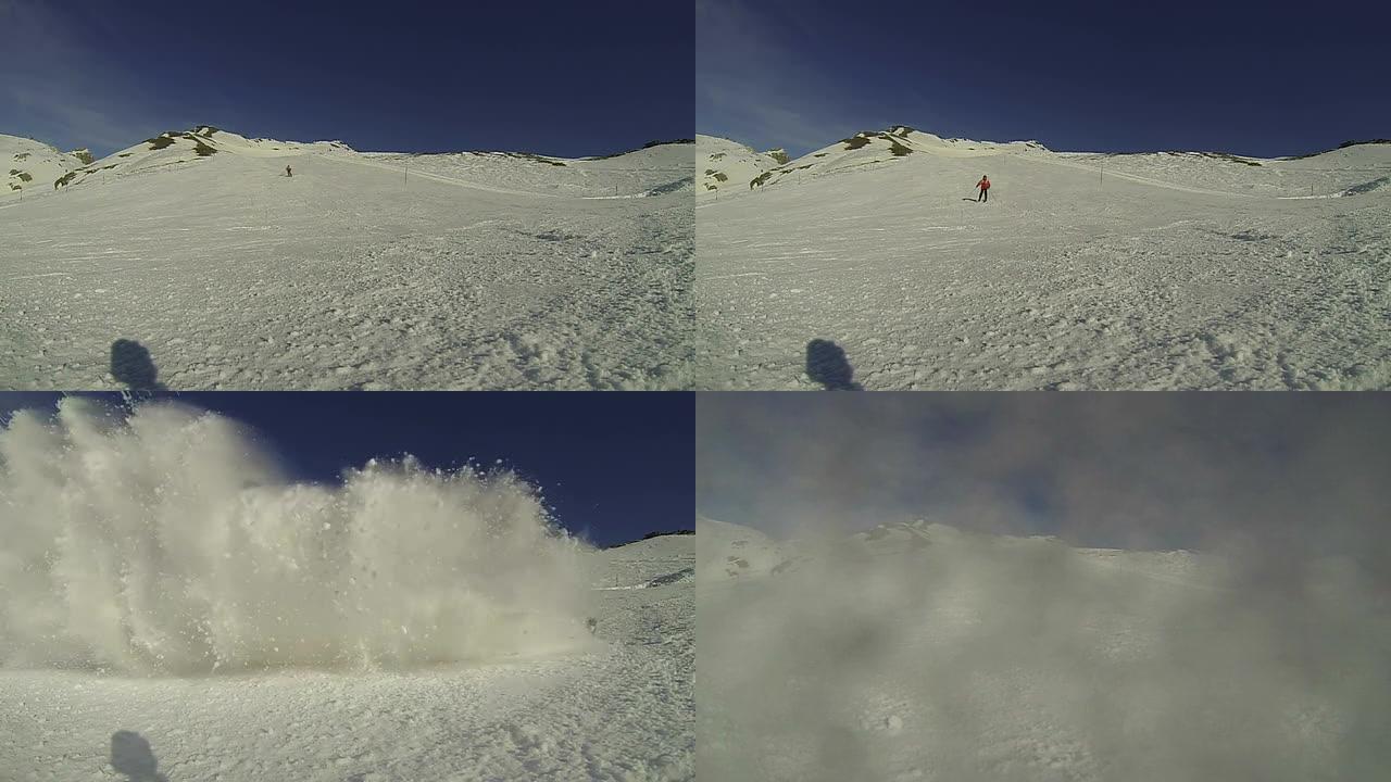 超级慢动作: 滑雪者在相机上撒雪
