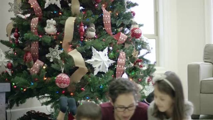 年轻的母亲在圣诞节前夕与孩子们一起读书