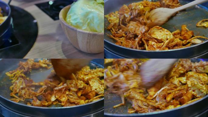 4k镜头: 韩国料理，Dak Galbi，鸡肉炒饭和海鲜酱