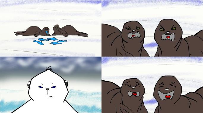 北极熊幼崽与海豹相遇