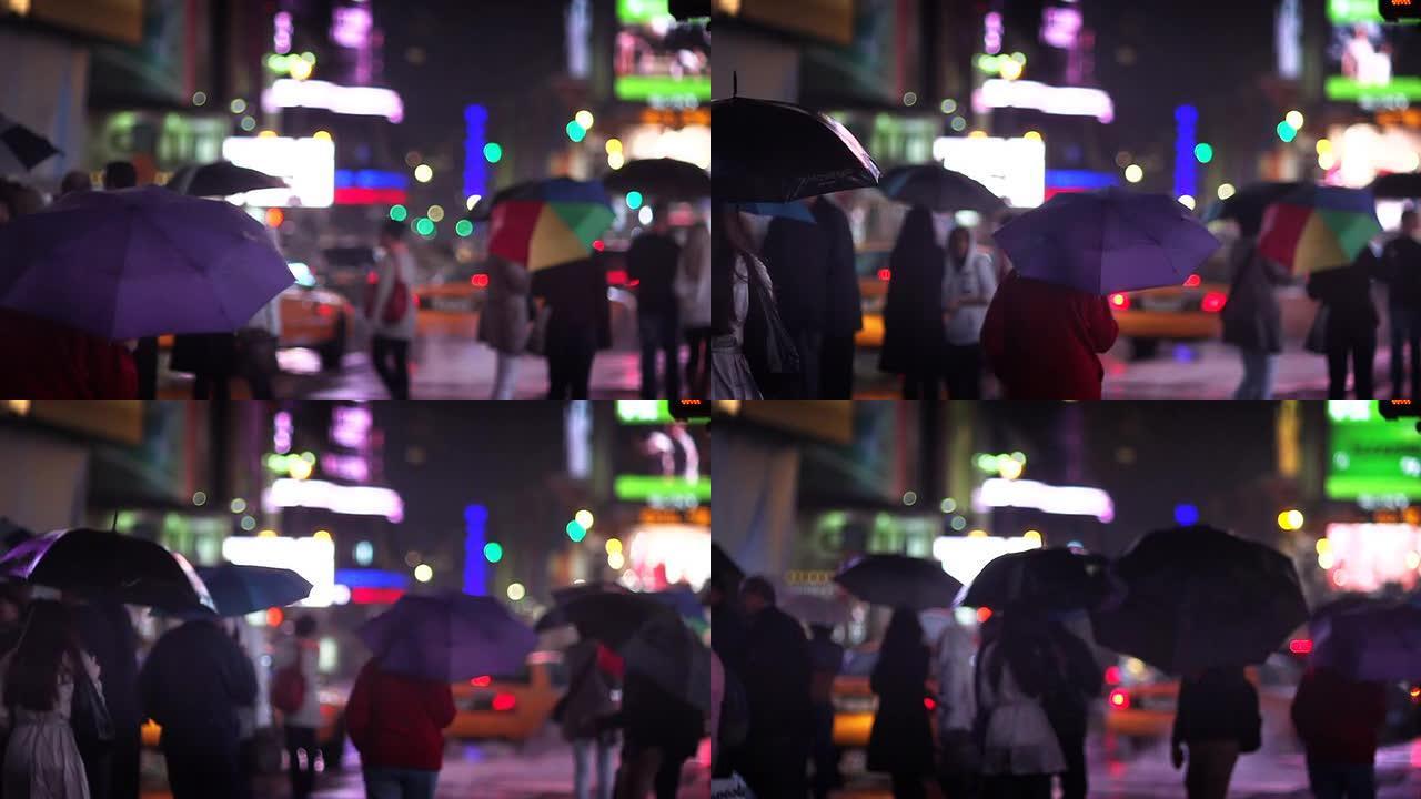 时代广场雨伞慢镜头下雨天虚焦散焦虚化