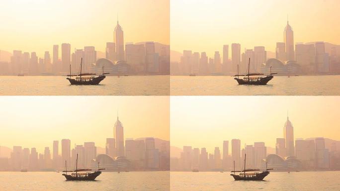 高清：香港传统帆船剪影场景。
