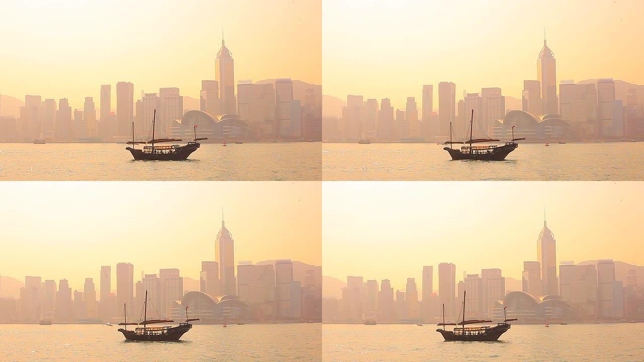 高清：香港传统帆船剪影场景。