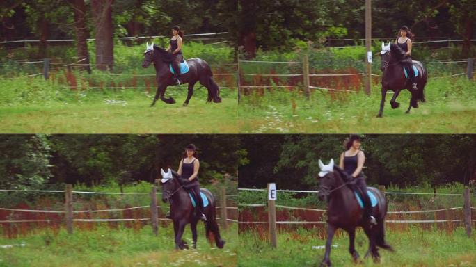 年轻女子在牧场骑马