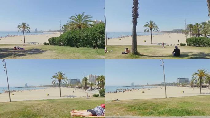 西班牙巴塞罗那海滩的平移视频