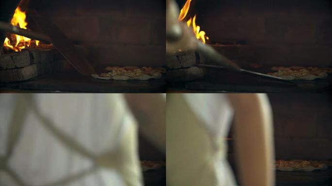 4K: 在砖制披萨烤箱中烘烤披萨