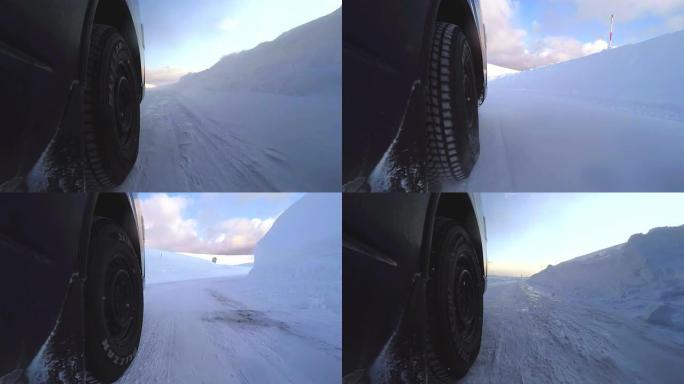 雪地冬季公路行驶汽车雪地行驶汽车轮胎车辆