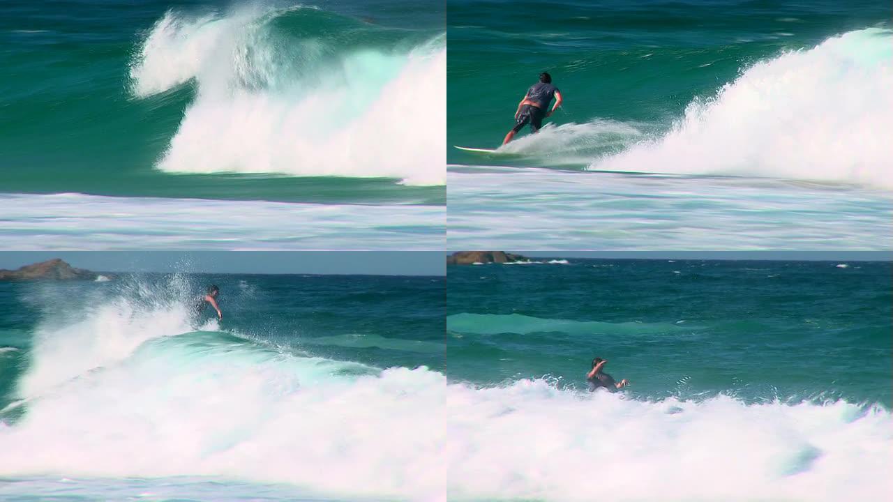 在澳大利亚，一名冲浪者在波浪中划入桶中。