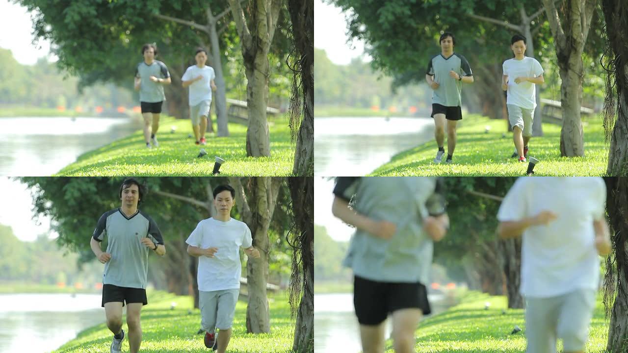 情侣在公园里慢跑情侣外国运动健身奋斗拼搏