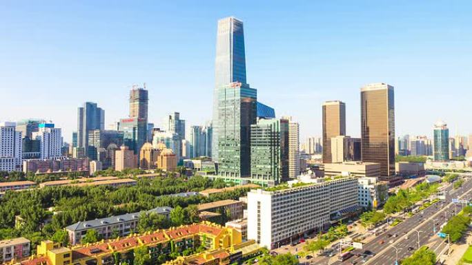 北京的现代城市景观、交通和天际线，延时。