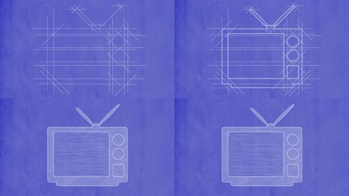 电视画在蓝图上。与闪烁的屏幕上。