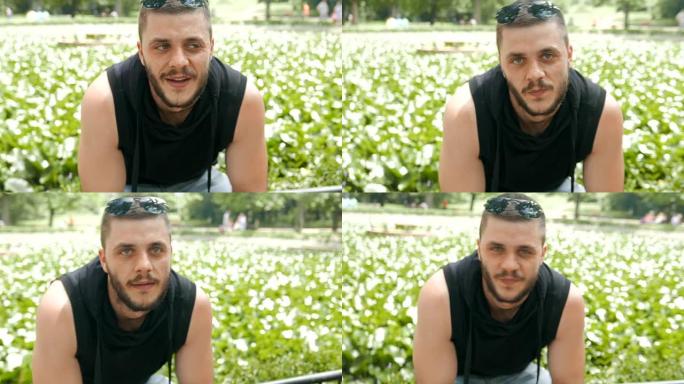 年轻的成年男子看着相机并做不同的面部表情或情绪