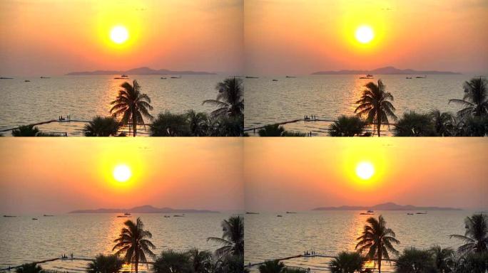 海滩上的日落有棕榈树