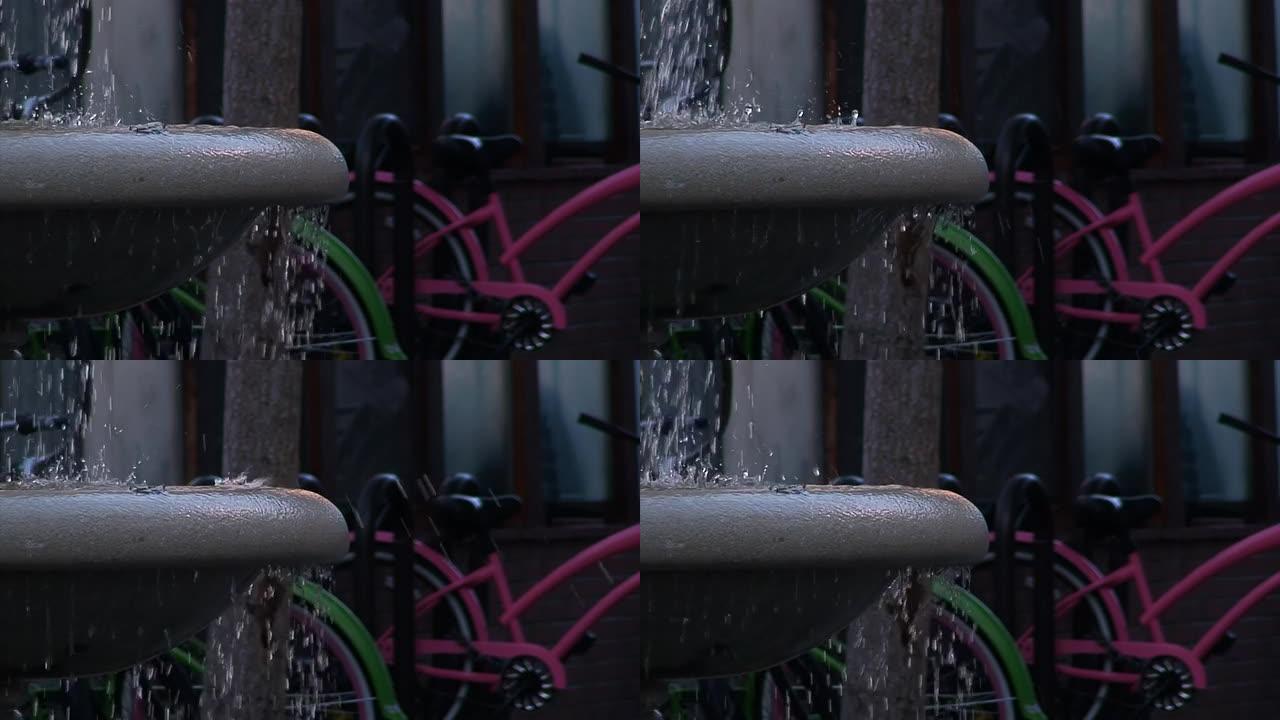 自行车支架处的喷泉特写-高清