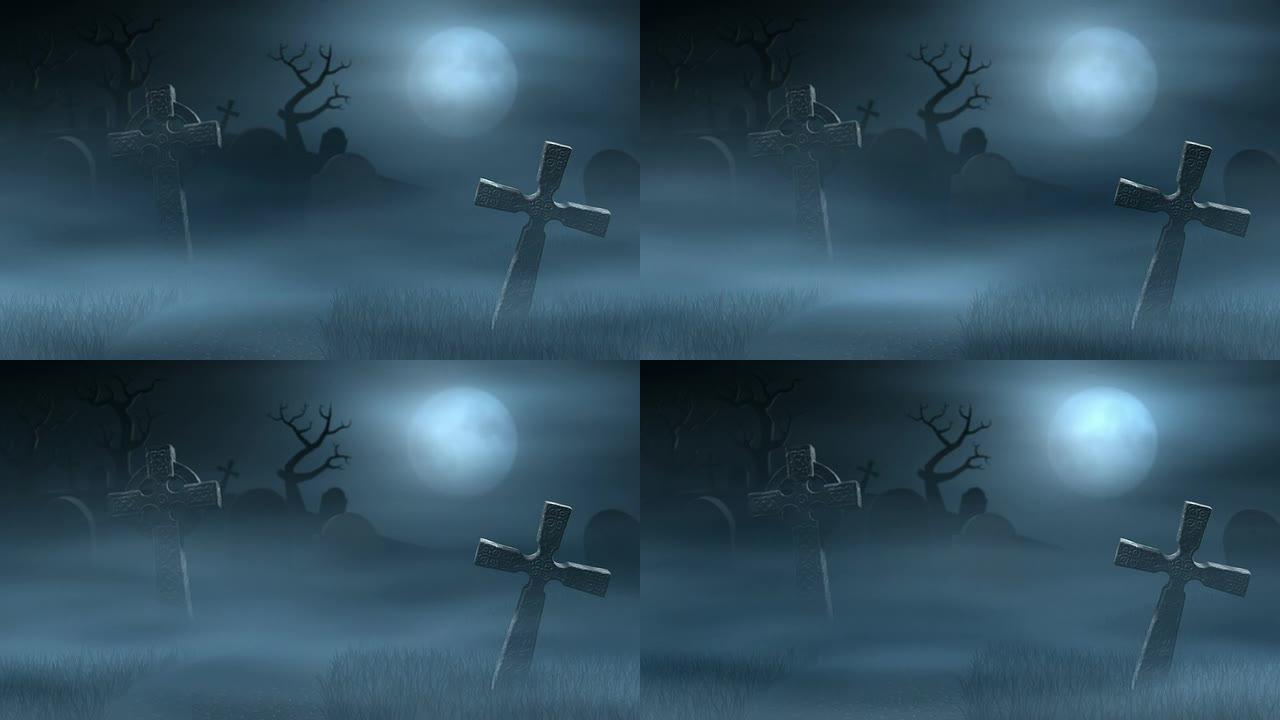 阴森朦胧的墓地上的墓碑，满月的夜晚