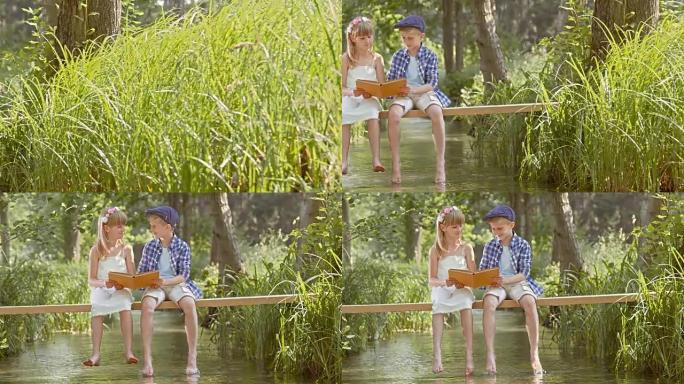SLO MO男孩和女孩坐在人行天桥上阅读