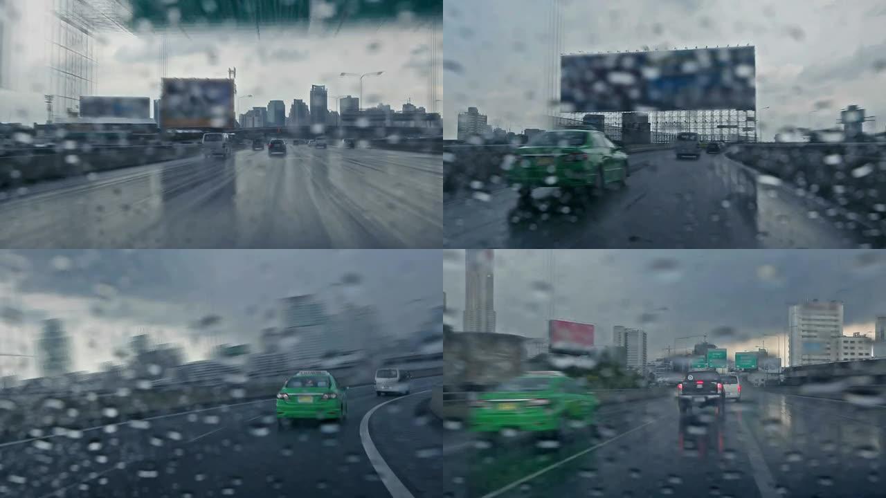 雨天驾驶行驶车窗外汽车第一视角