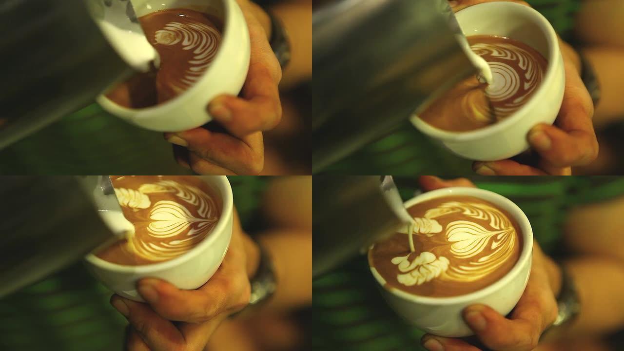 高清：拿铁艺术，咖啡师倒牛奶。