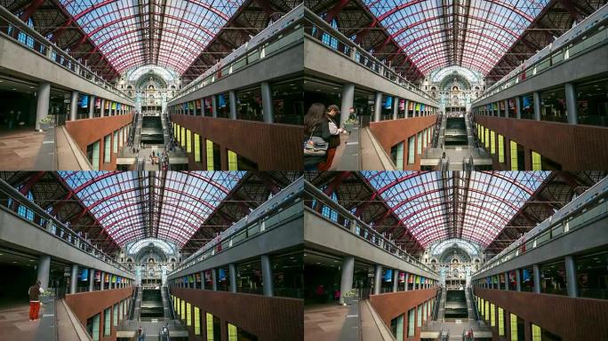 4k延时: 比利时安特卫普中央车站的游客行人