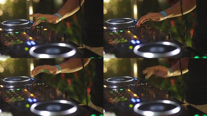 迪斯科派对夜总会Dj甲板/转盘的特写手